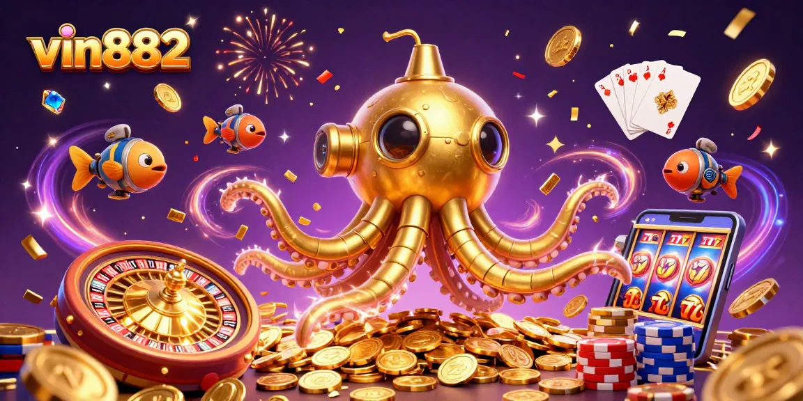 Experience winning moments at vin882 with vibrant casino elements and a magical kraken in action.