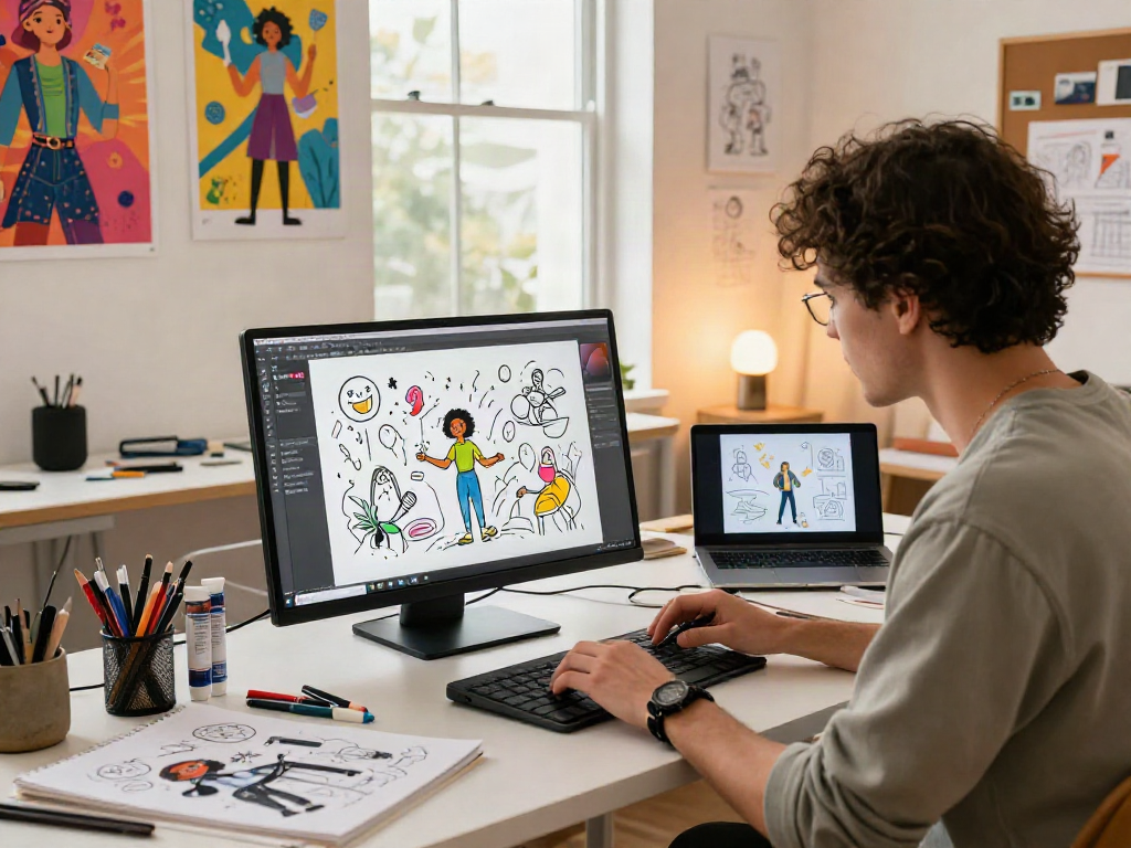 Digital artist creating vibrant characters with 18+ ai tools in a bright, modern studio.