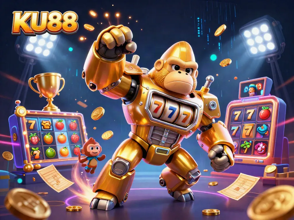 KU88 slot game mech features vibrant characters, dynamic sports elements, and jackpot excitement in a fun casino illustration.