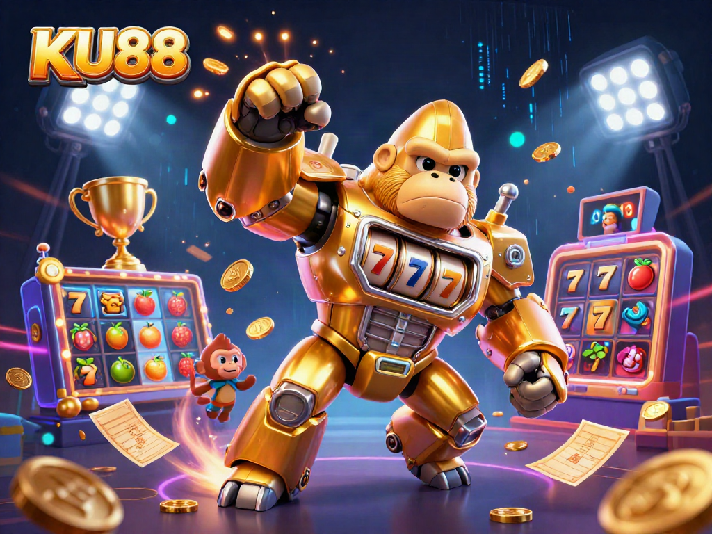KU88 slot game mech features vibrant characters, dynamic sports elements, and jackpot excitement in a fun casino illustration.