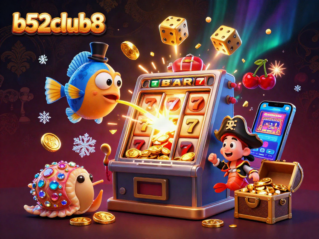 b52club8 players spin the jackpot reels surrounded by glittering treasures and vibrant casino scene