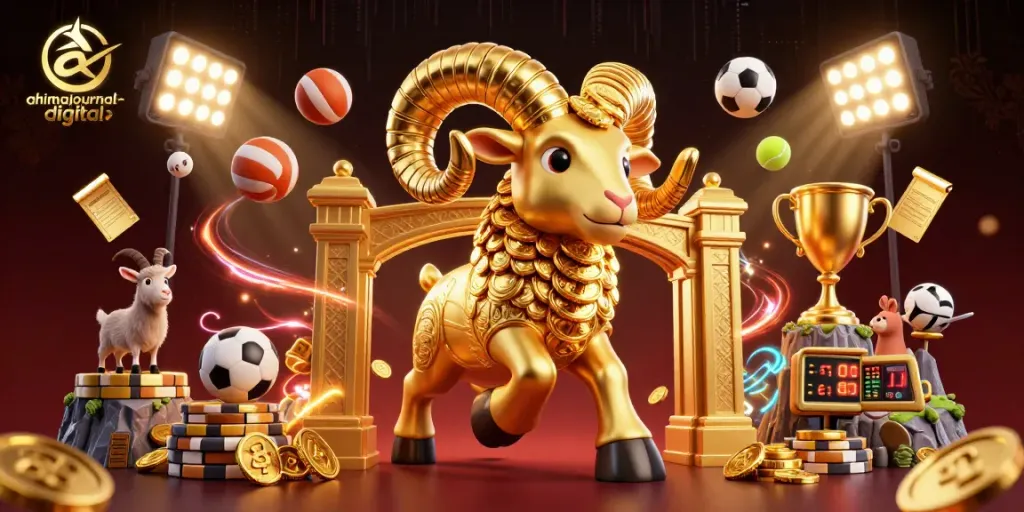 Bet on wins with ahimajournal-digital showcasing a golden ram charging through a sports arena.