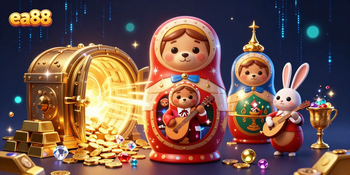 ea88 features a vibrant 3D casino scene with Matryoshka dolls and dealer bears amidst treasures.