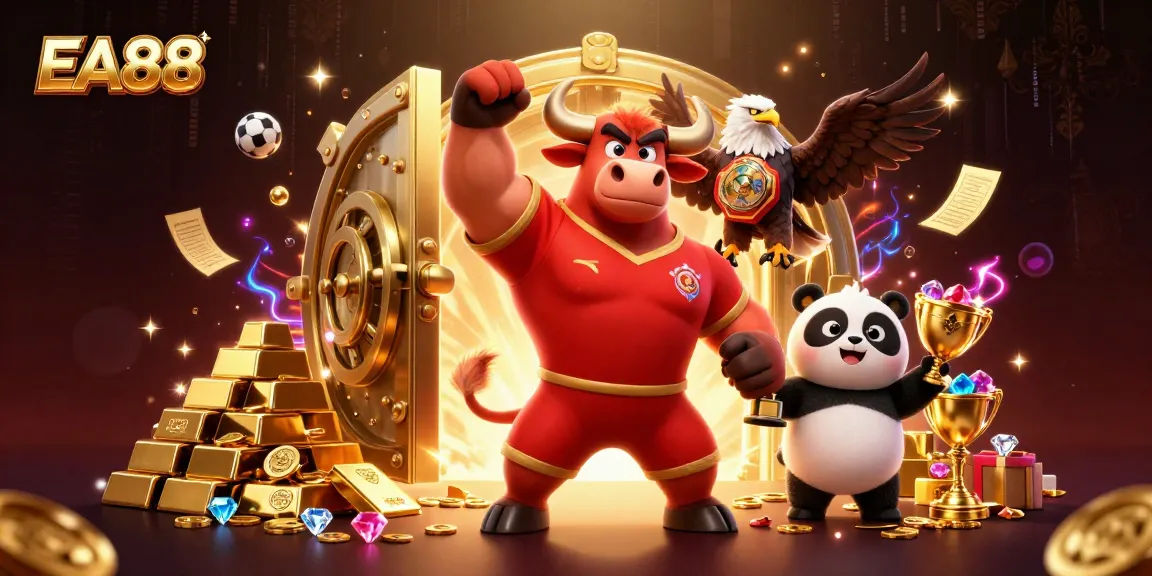 EA88 engages players with a dynamic casino scene featuring a bull, eagle, and panda celebrating with golden treasures.