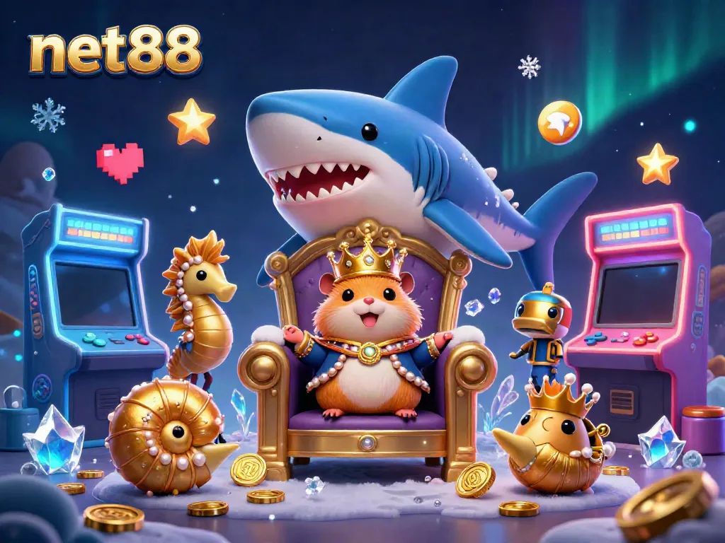 Experience a thrilling net88 gaming adventure with a golden hamster king and arcade elements.