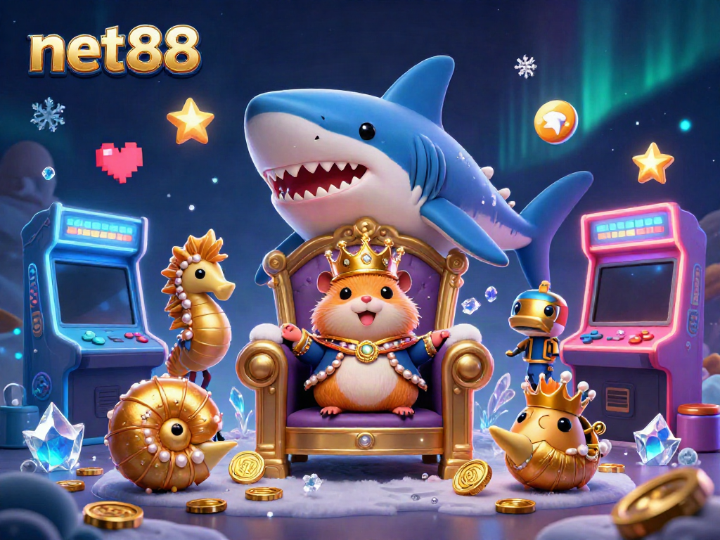 Experience a thrilling net88 gaming adventure with a golden hamster king and arcade elements.