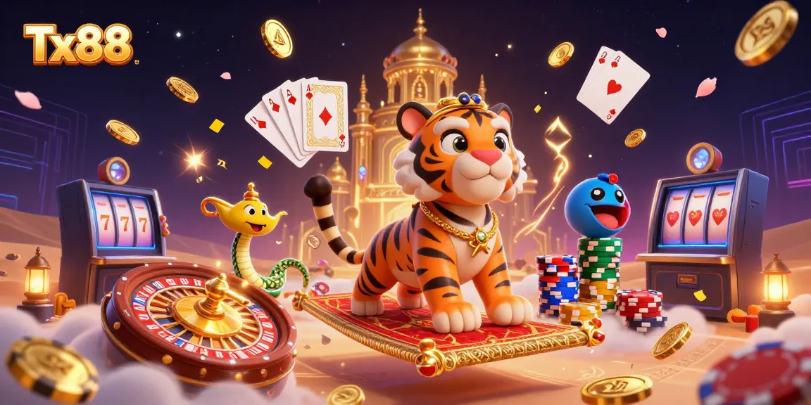 Experience the thrills of Tx88 as a sultan stands on a flying carpet surrounded by riches and casino elements.
