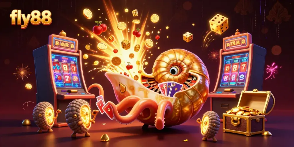 Experience the excitement of fly88 casino with a vibrant illustration of ancient creatures, slot machines, and jackpots.
