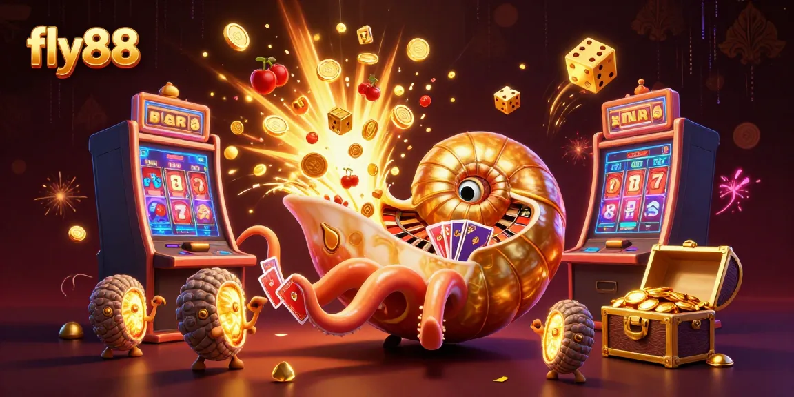 Experience the excitement of fly88 casino with a vibrant illustration of ancient creatures, slot machines, and jackpots.