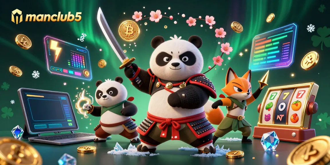 Experience exciting gameplay with manclub5's thrilling 3D illustration featuring samurai panda and crypto elements.