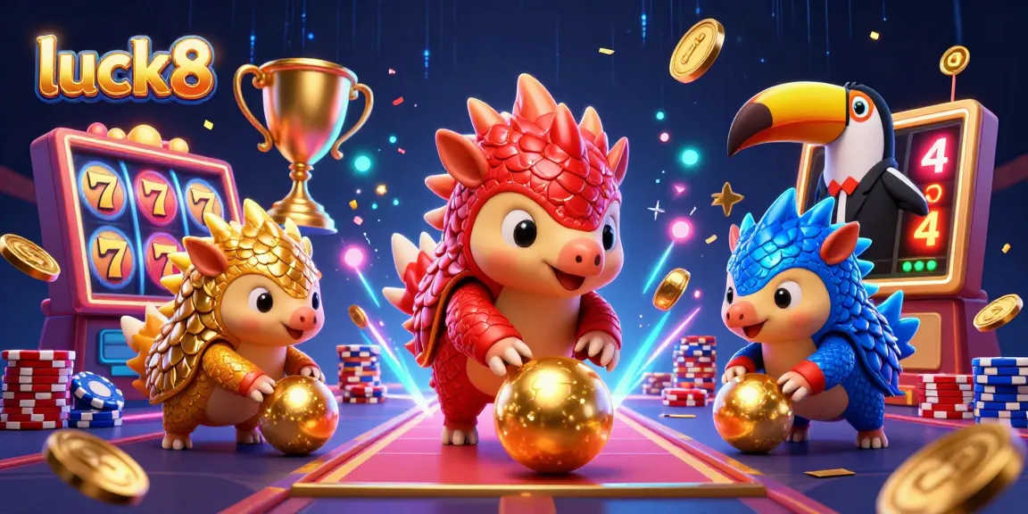 Engaging scene of luck8 rivalry with pangolins amidst slot game excitement and vibrant casino energy.
