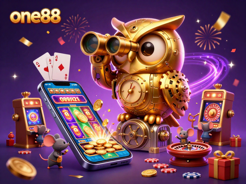 one88 showcases an enchanting casino scene with a golden owl, lively mice, and immersive game elements.