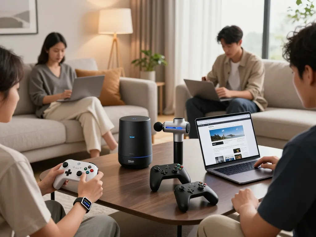 Engaging scene showcasing trending tech gadgets like 8BitDo Ultimate 2 controller and Fitbit Charge 6 in a modern living room.