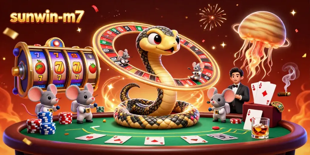 Experience the excitement of sunwin-m7 with vibrant casino scenes featuring roulette, slots, and betting astronauts.