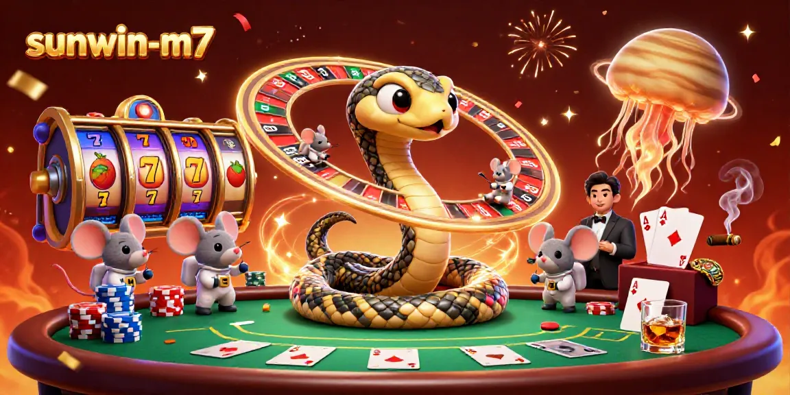 Experience the excitement of sunwin-m7 with vibrant casino scenes featuring roulette, slots, and betting astronauts.