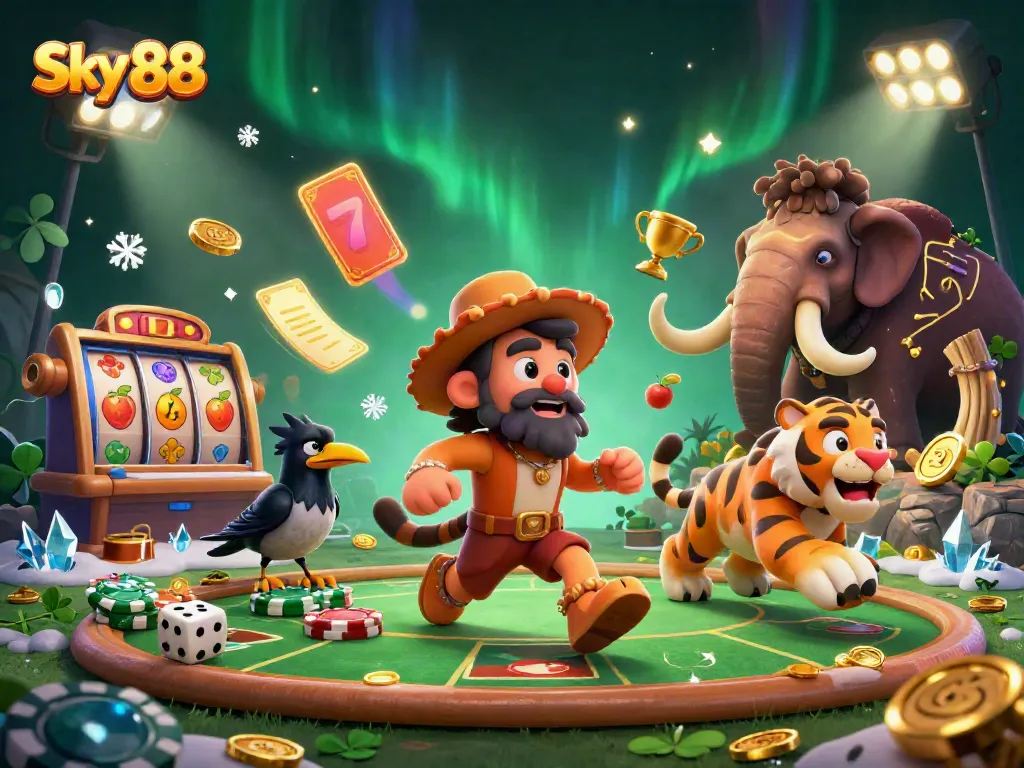 Experience an exciting Sky 88 casino adventure with our playful caveman duo, vibrant slot elements, and thrilling jackpot highlights.