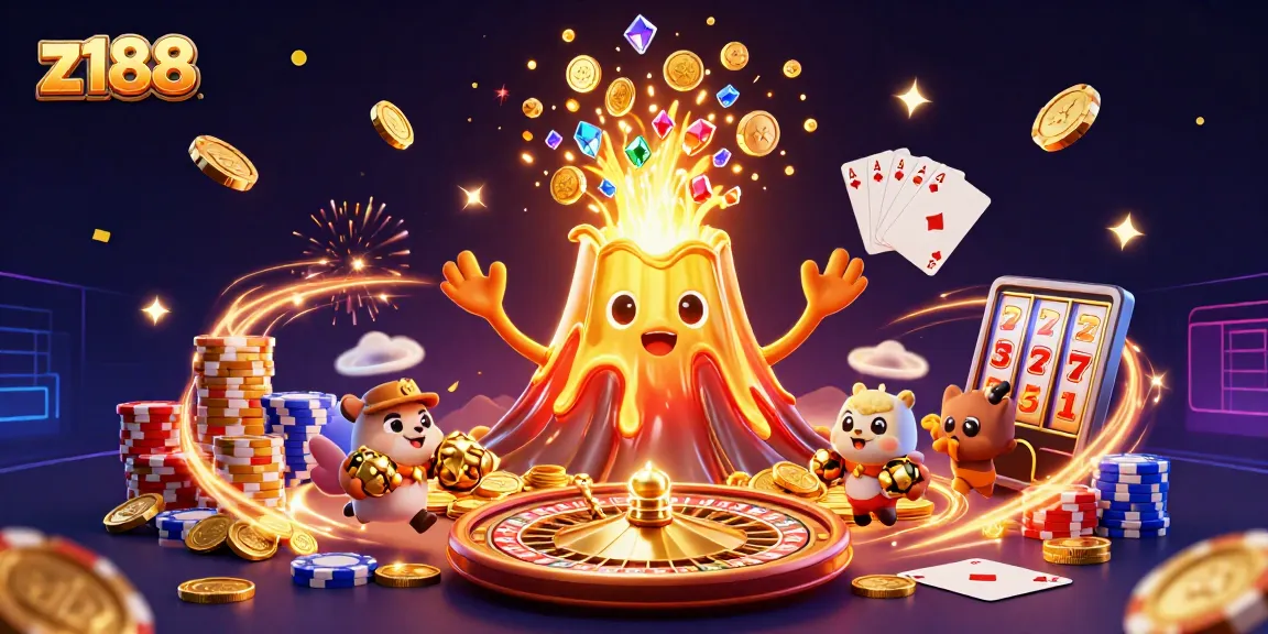Engage with z188's thrilling gaming experience as golden coins and treasures fly in a vibrant casino scene.