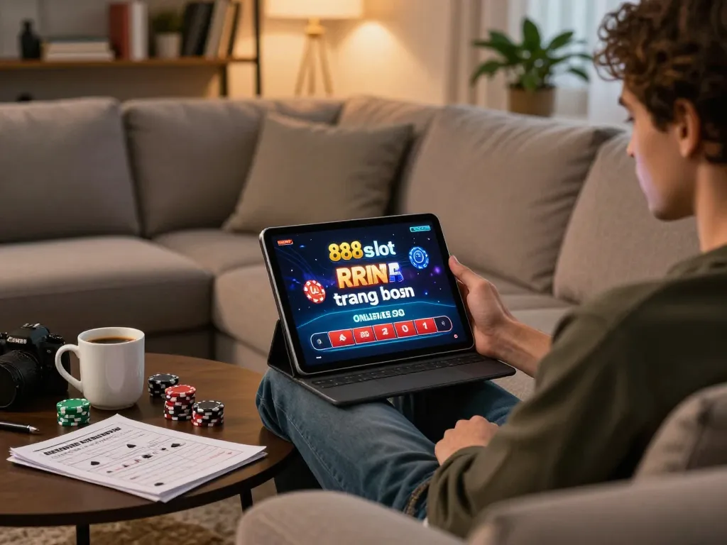 Engaging with 888slot trang chủ on tablet at home, showcasing a cozy gaming setup.