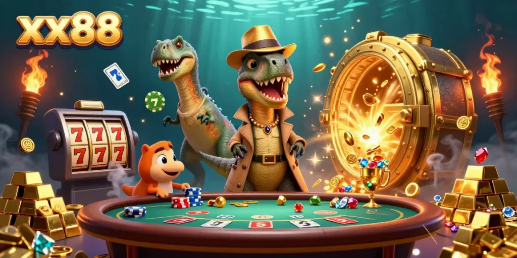 Experience the adventure of xx88 at a vibrant blackjack scene with interesting characters and treasures.