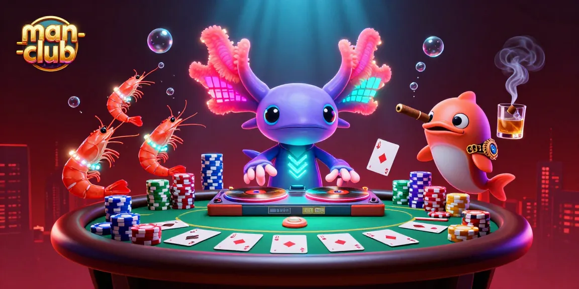 Experience the vibrant man-club scene with a neon axolotl DJ, poker elements, and colorful underwater ambiance.