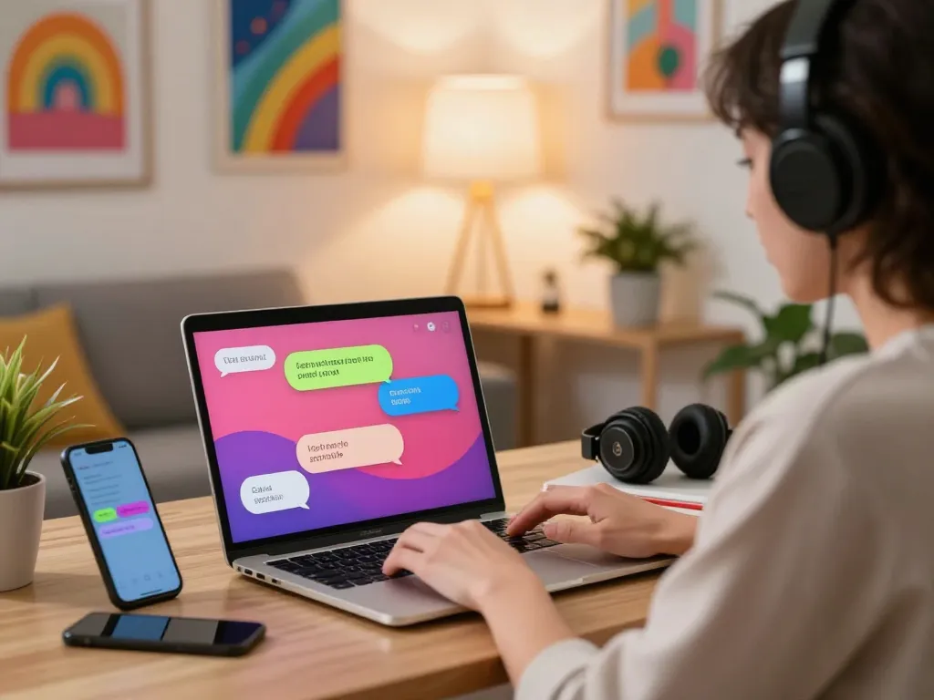 Engaging in live sexchat from a cozy home office with vibrant chat bubbles on laptop.