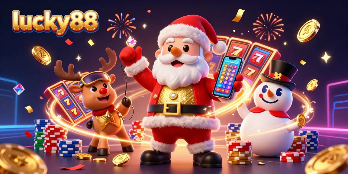 Experience the excitement of lucky88 with vibrant slot reels, festive characters, and dynamic elements in a casino scene.