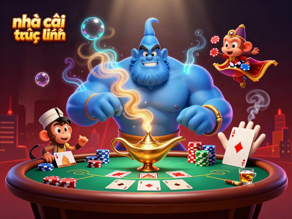 Engage with the dynamic scene featuring the vibrant genie and a poker table at nhà cái trực tuyến, an enticing gambling experience.