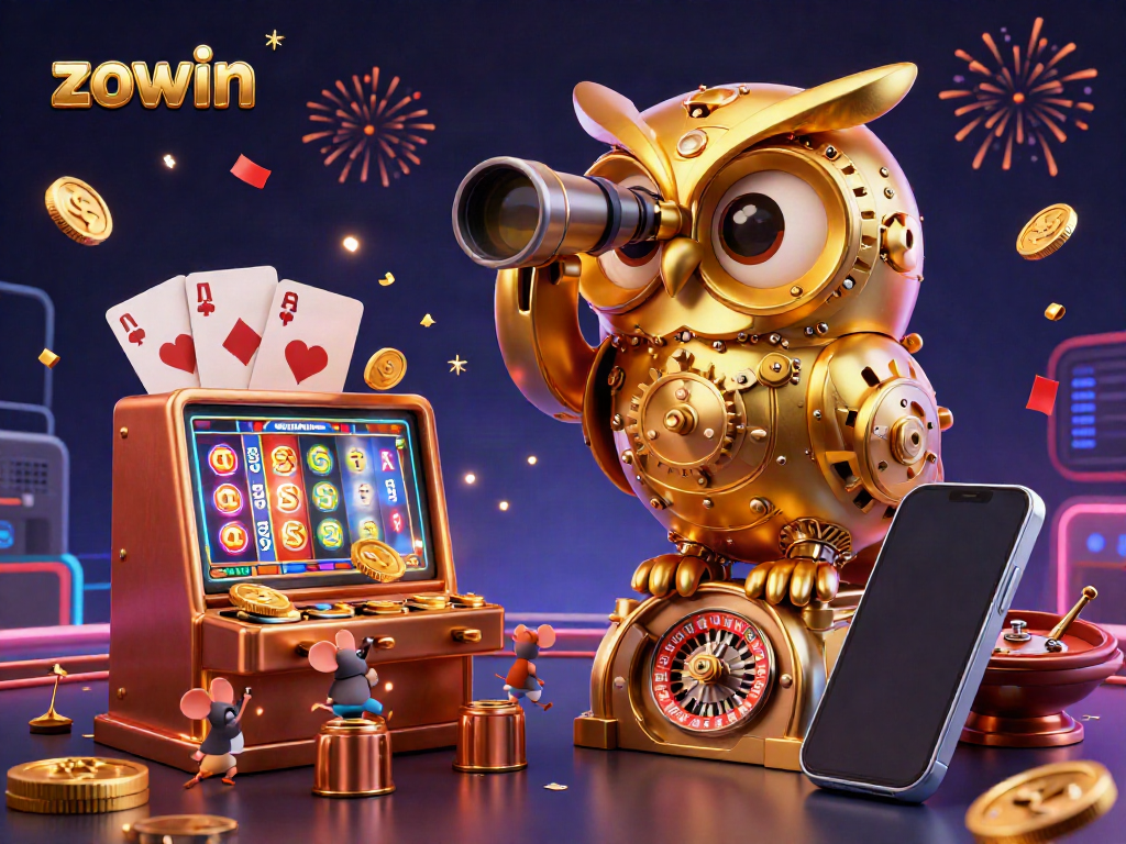 Zowin's engaging gaming environment features a golden owl at a casino, with vibrant slot games, coins, and festive effects.