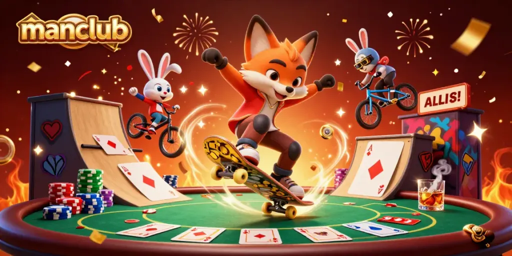 Manclub's vibrant casino scene showcases the skateboarder fox and BMX rabbit in a festive, action-filled illustration.