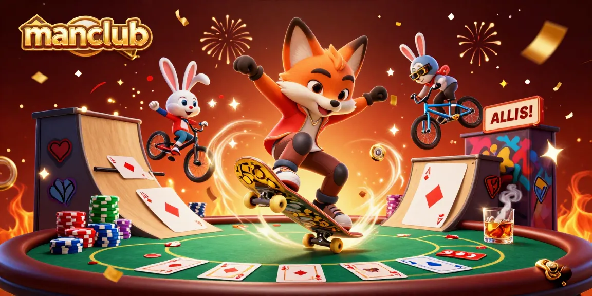 Manclub's vibrant casino scene showcases the skateboarder fox and BMX rabbit in a festive, action-filled illustration.