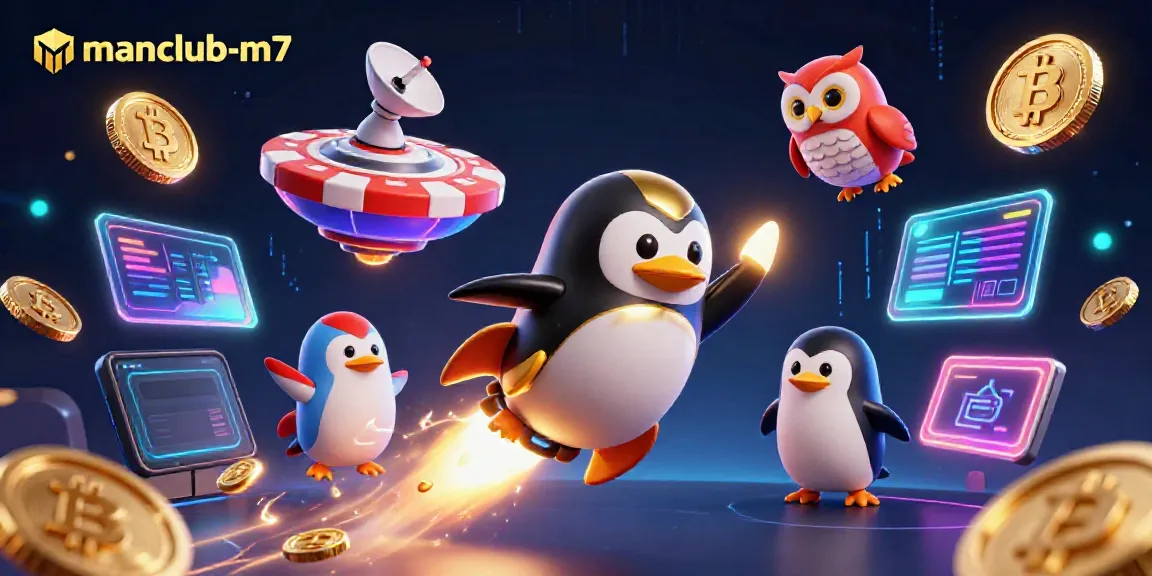 Experience the thrill of manclub-m7 with vibrant treasures blasting from a golden penguin in a cosmic casino.