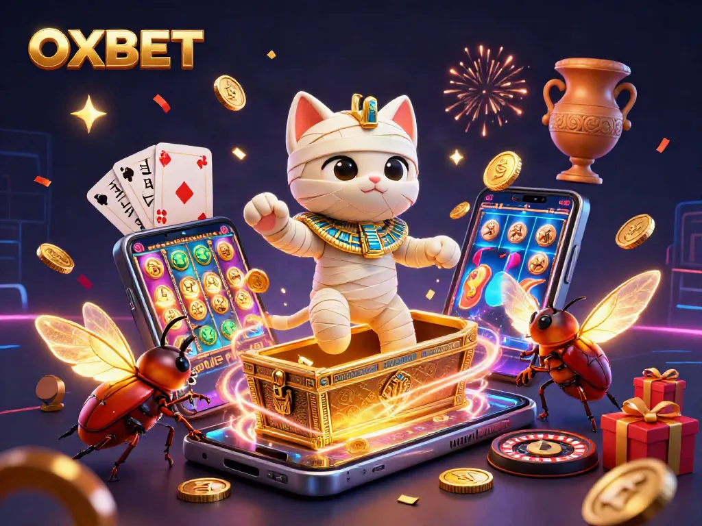 Experience the thrill of OXBET with a lively casino scene featuring dynamic characters and vibrant game elements.