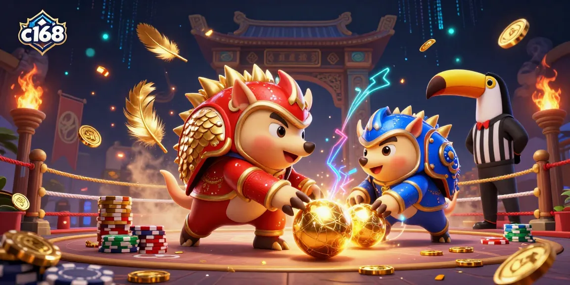Experience thrilling gameplay at c168 with rival pangolins competing in a vibrant casino using poker chips and golden balls.