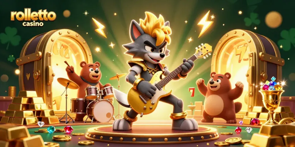 Experience rolletto casino's vibrant action with a rock star wolf and treasures in 3D glory.