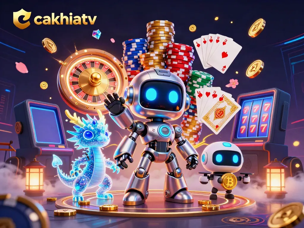 Cakhiatv view of a vibrant cyberpunk casino scene with robotic characters and floating coins