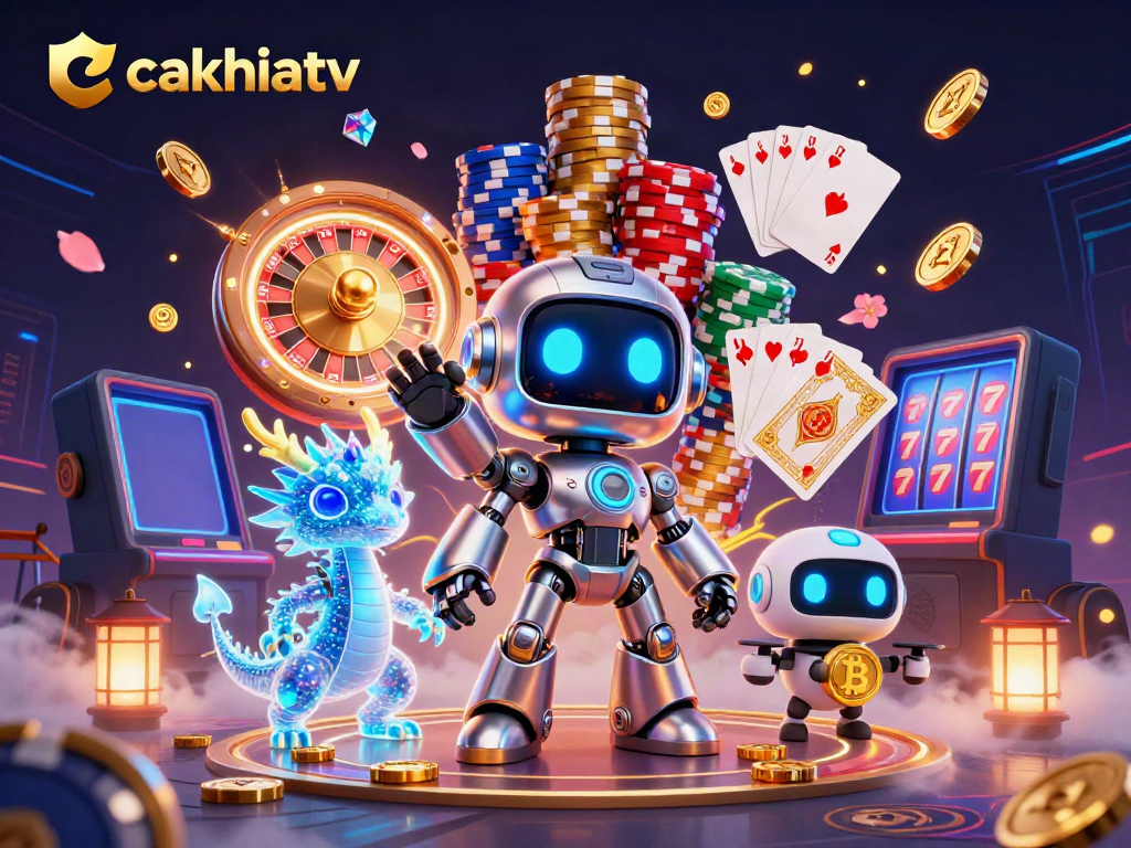 Cakhiatv view of a vibrant cyberpunk casino scene with robotic characters and floating coins