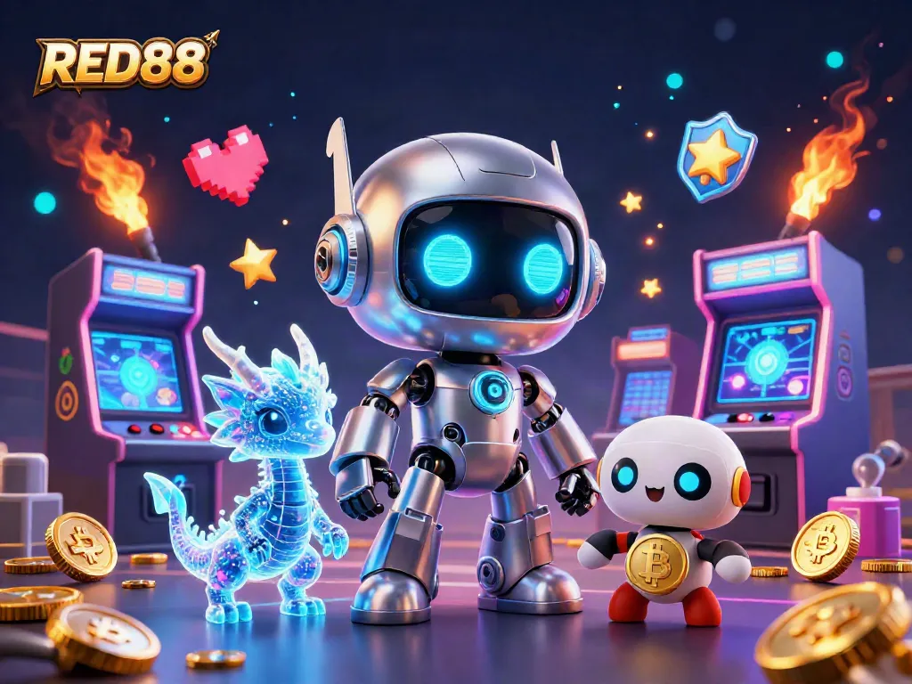 Engage with RED88's thrilling gaming experience amidst vibrant, neon-lit casino visuals.
