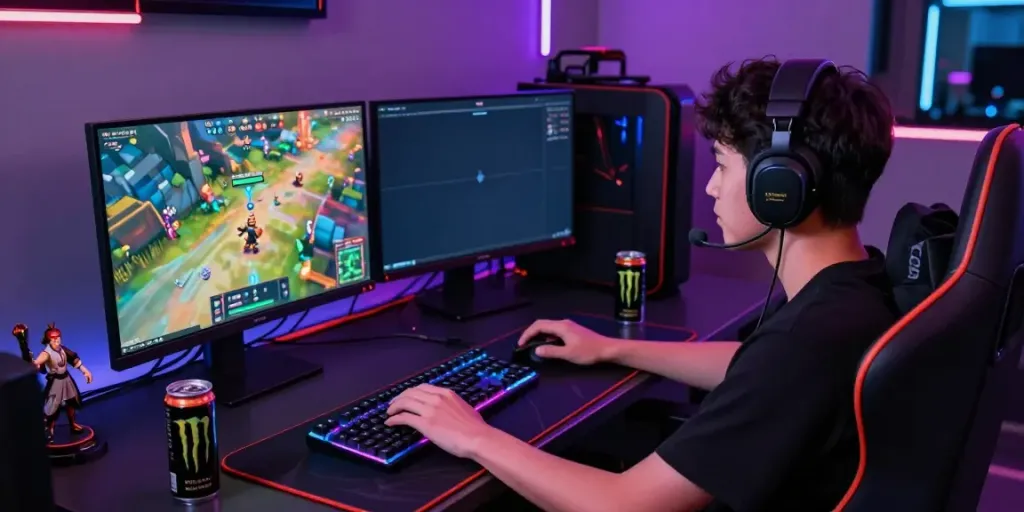 Engaged gamer enjoying the Link GO88 platform in a vibrant gaming setup with RGB lighting and action-packed graphics.