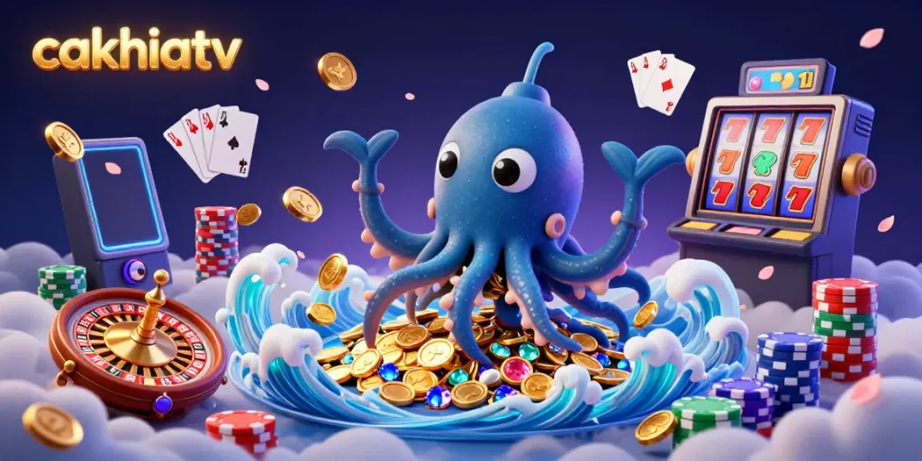 Cakhiatv brings the excitement of sports betting to life with a dynamic kraken submarine and golden coins in a vibrant scene.
