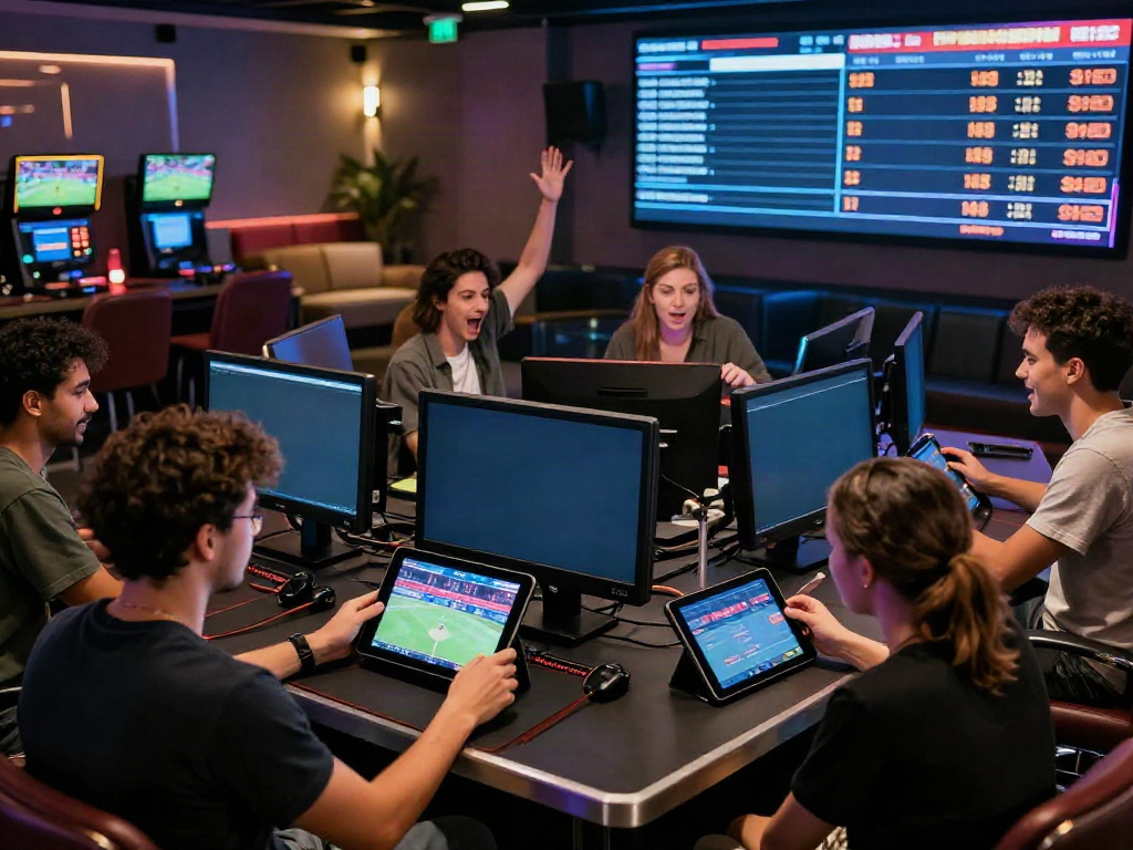 Exciting gaming lounge with players using tx88 com on smartphones and tablets, showcasing live sports betting.