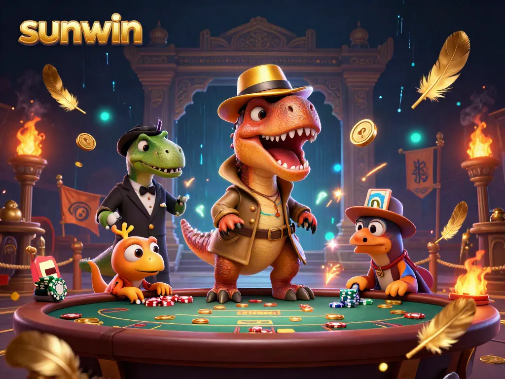 Experience thrilling gaming at sunwin with playful dinosaurs in a packed casino scene.