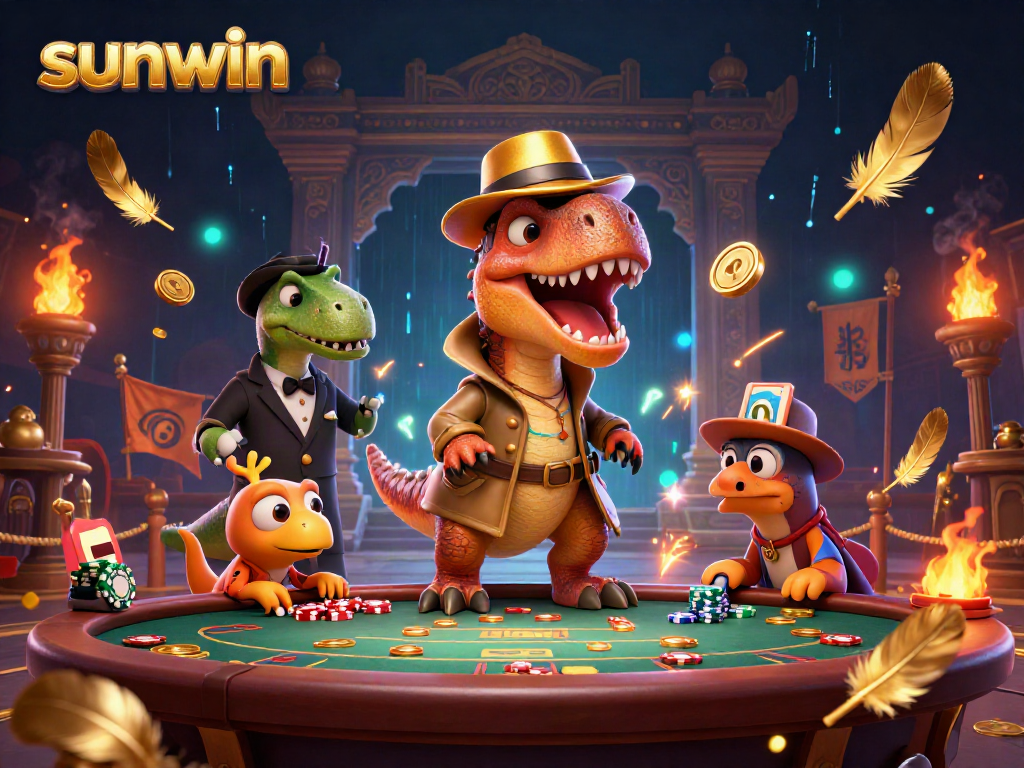 Experience thrilling gaming at sunwin with playful dinosaurs in a packed casino scene.