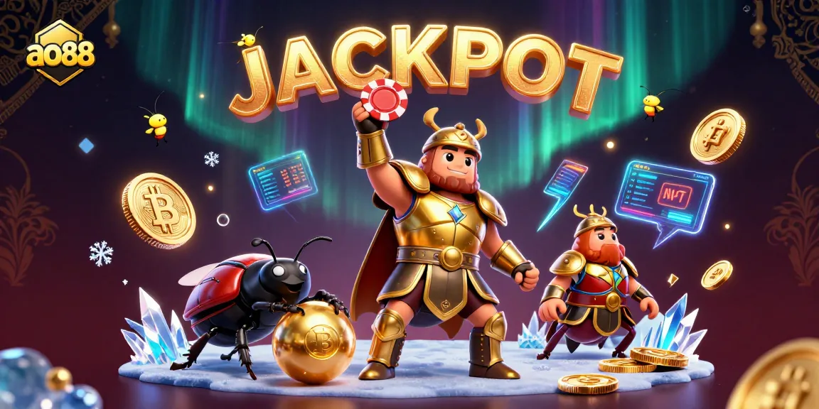 Win big with ao88 in this colorful casino scene featuring jackpot celebrations and vibrant crypto elements.