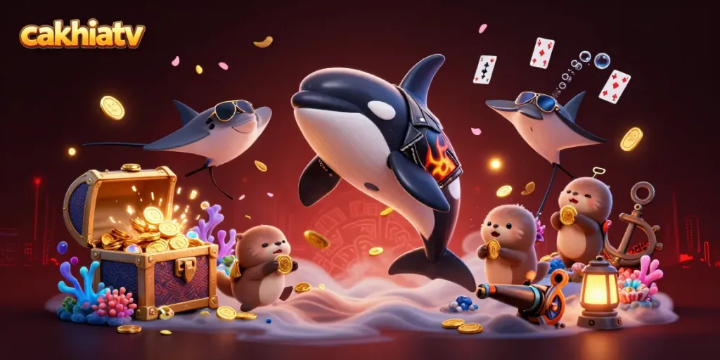 Engage with cakhiatv's vibrant underwater casino world featuring a dynamic orca, stingray, and otters.
