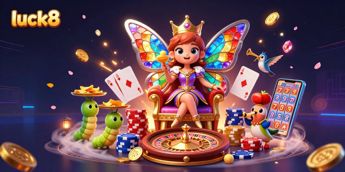 Experience luck8 with a vibrant 3D casino scene featuring royal flush cards and golden casino chips.
