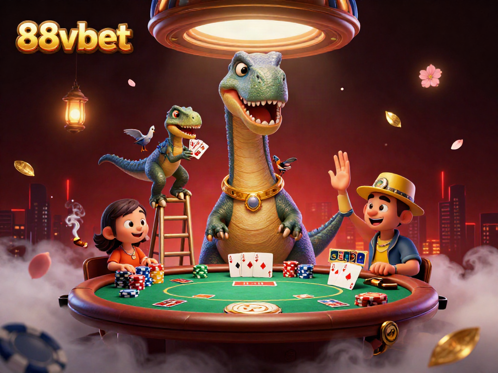 Play cards at 88vbet with a giant brontosaurus and a clever raptor dealer in a unique casino scene.