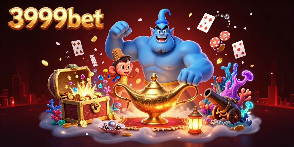 Experience the vibrant gaming world of 3999bet through a magical 3D illustration featuring a genie and gaming treasures.