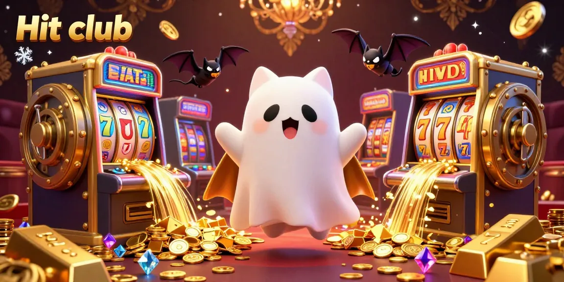 Experience excitement at Hit club with a vibrant casino scene featuring a friendly ghost cat and lucky charm elements.