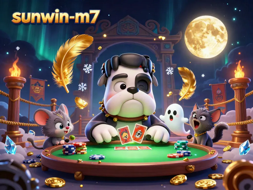 Experience the thrilling action of sunwin-m7 with a Frankenstein bulldog dealer and ghost mouse at a vibrant casino table.