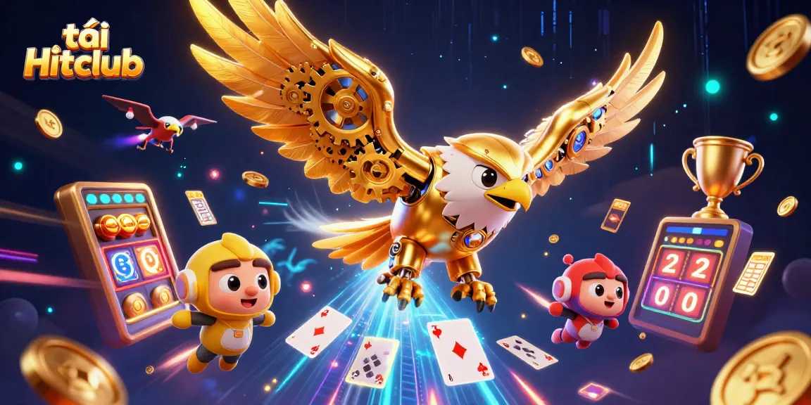 Tải Hitclub with a cybernetic golden eagle in a vibrant casino scene featuring dynamic gaming elements.